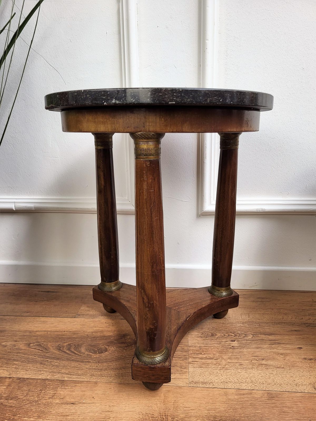 French Empire Gueridon Side Table With Tripod Columns Brass And Marble Top photo 1322.0