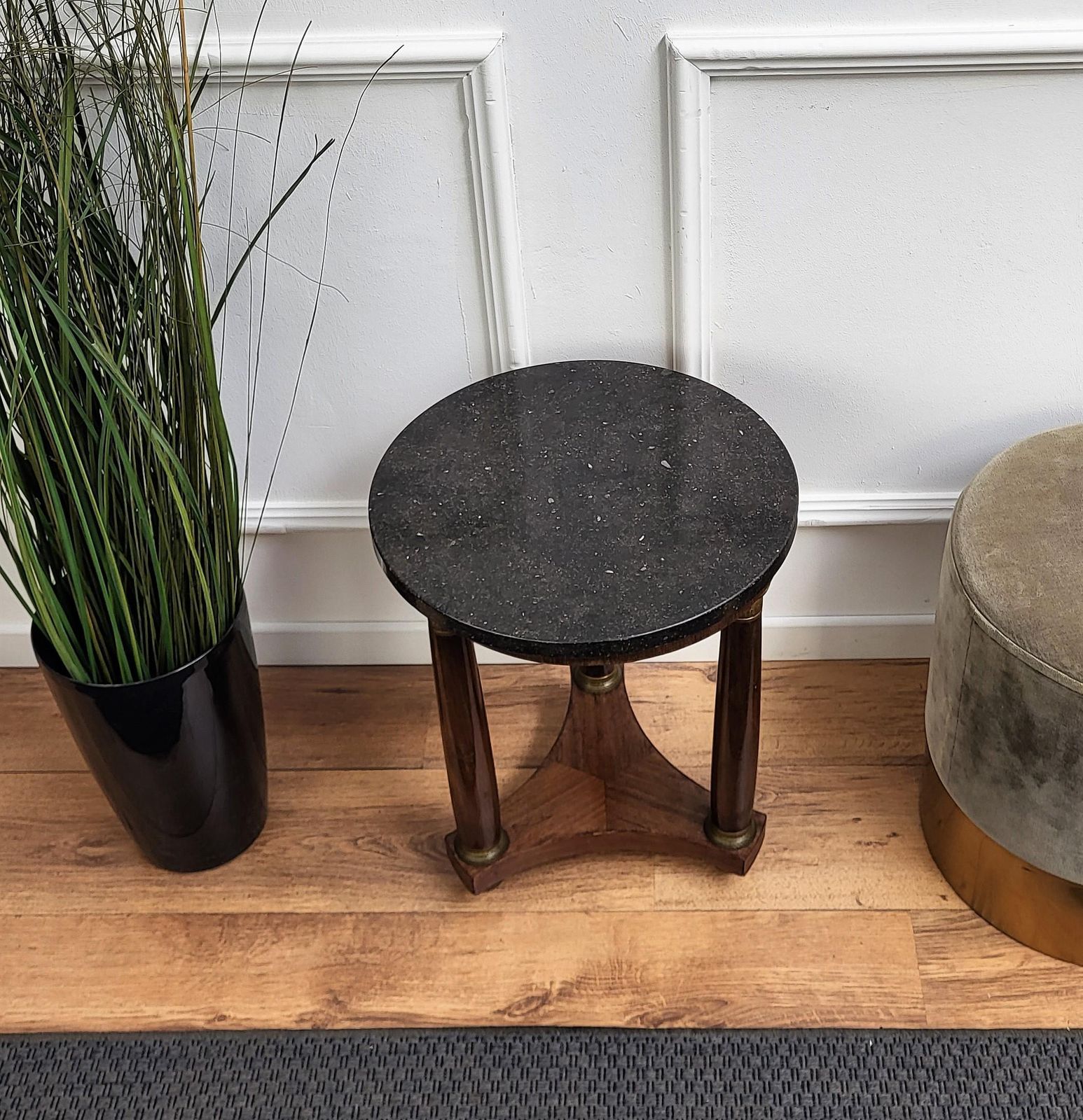 French Empire Gueridon Side Table With Tripod Columns Brass And Marble Top photo vinterior