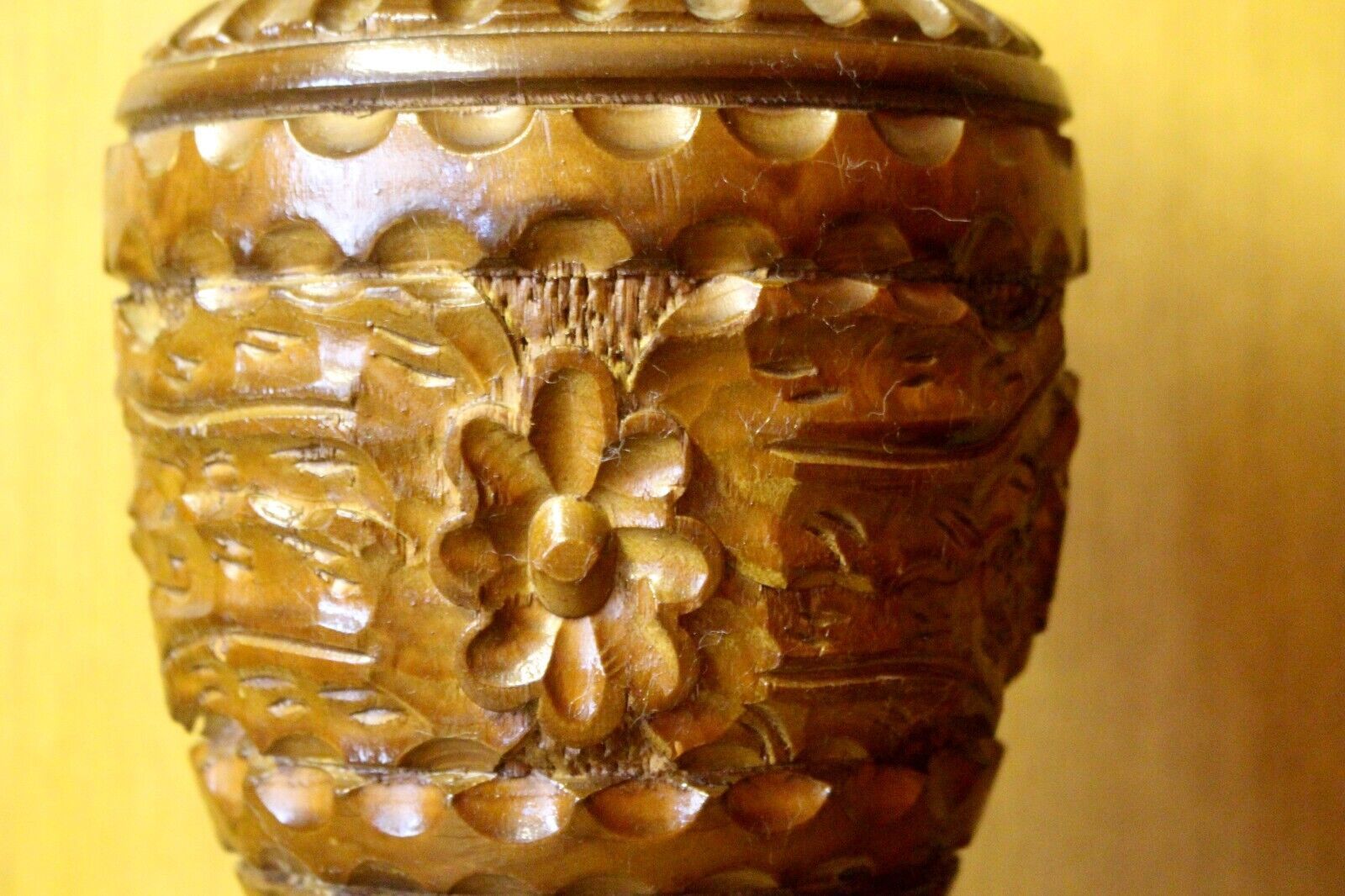 Vintage French Rustic Carved Wood Jar Hand Painted photo furniture