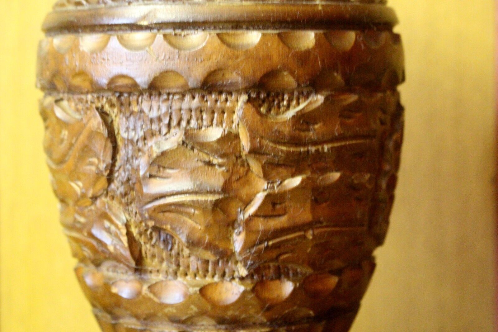 Vintage French Rustic Carved Wood Jar Hand Painted photo for sale