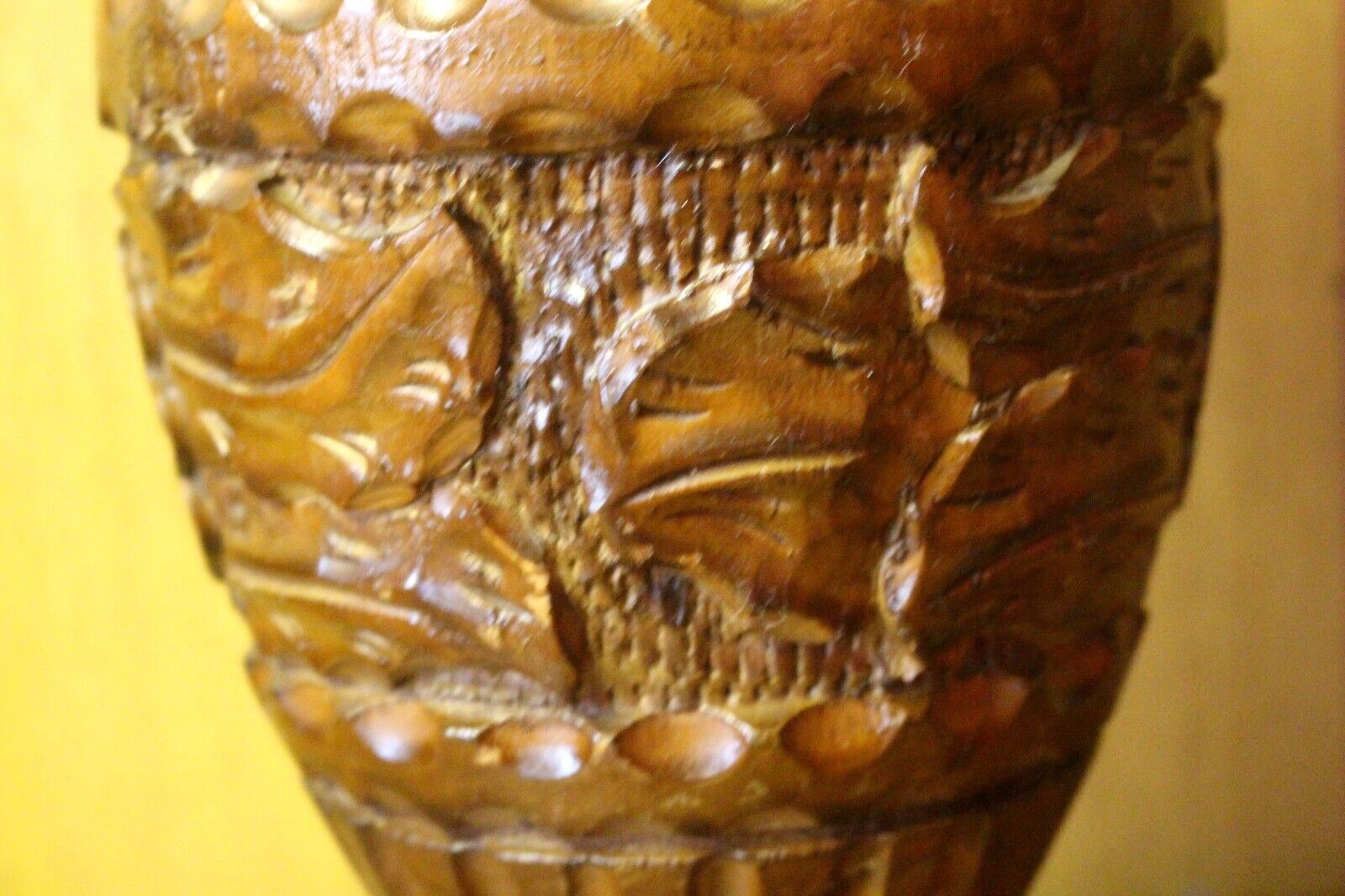 Vintage French Rustic Carved Wood Jar Hand Painted photo buy