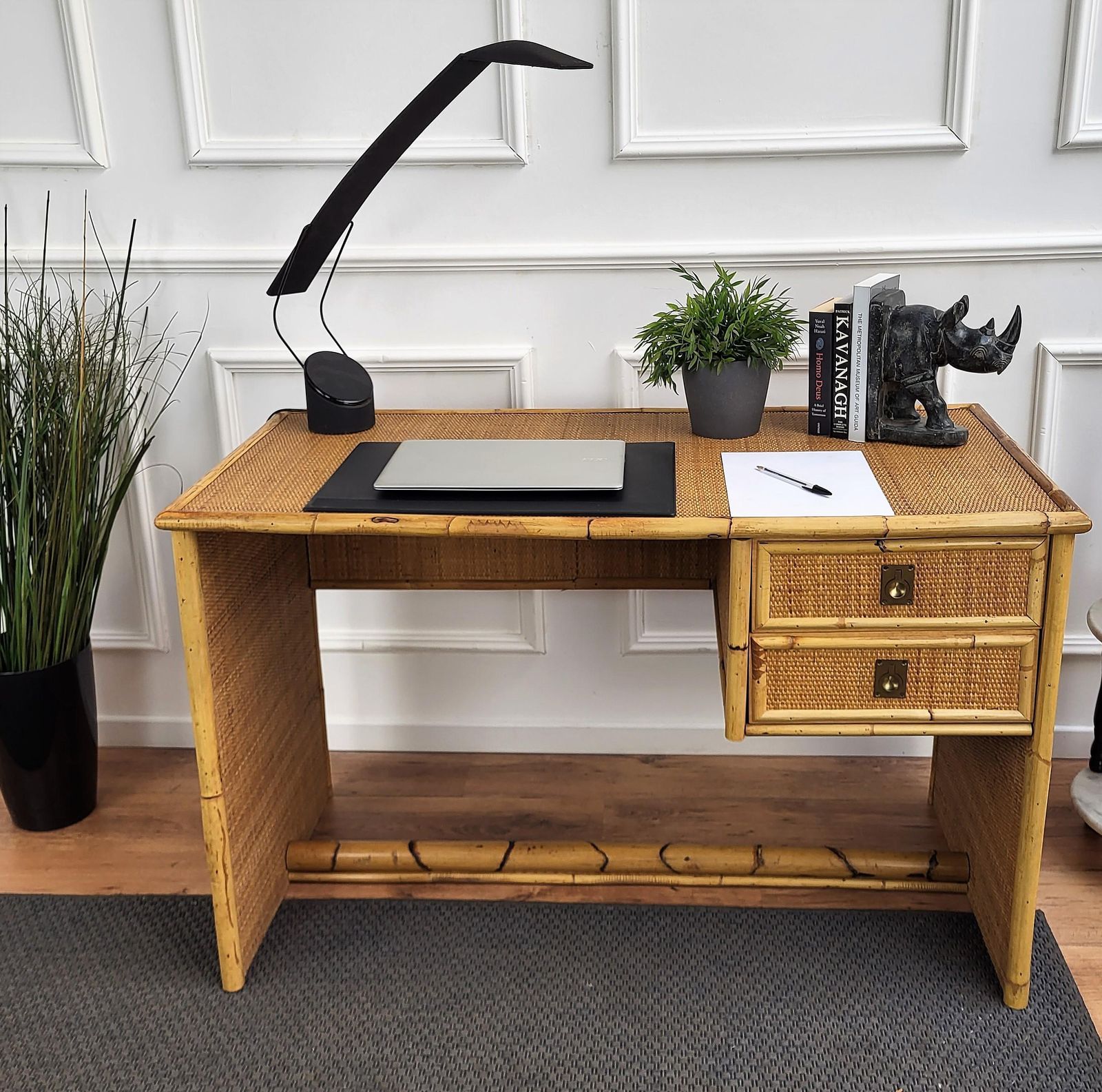 1960s Italian Dal Vera Bamboo Rattan Brass French Riviera Organic Writing Desk photo furniture