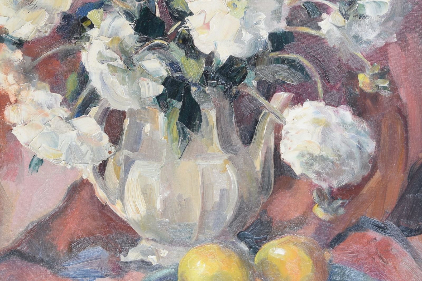 Still Life With Fruit And Flowers Mid 20th Century Oil Painting By Angela Stones photo for sale