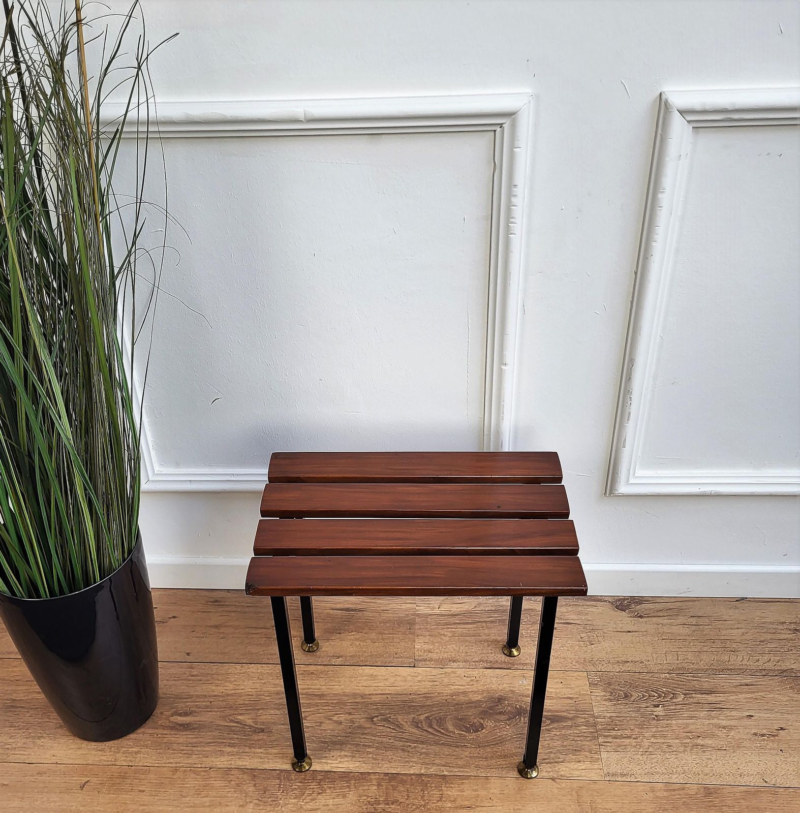 Mid Century Modern Italian Metal Base Brass Feet Wooden Slat Stool photo furniture