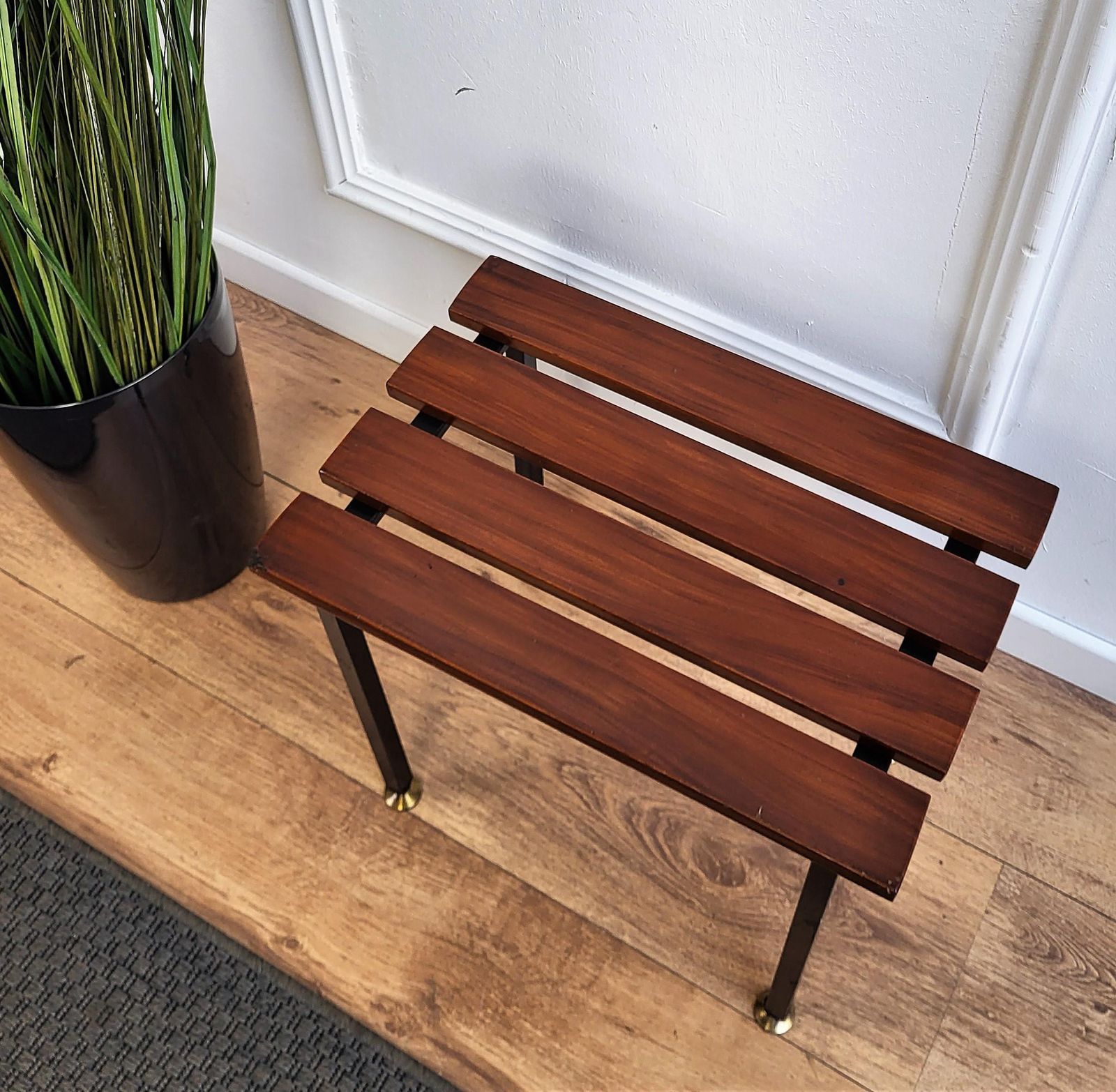 Mid Century Modern Italian Metal Base Brass Feet Wooden Slat Stool photo for sale