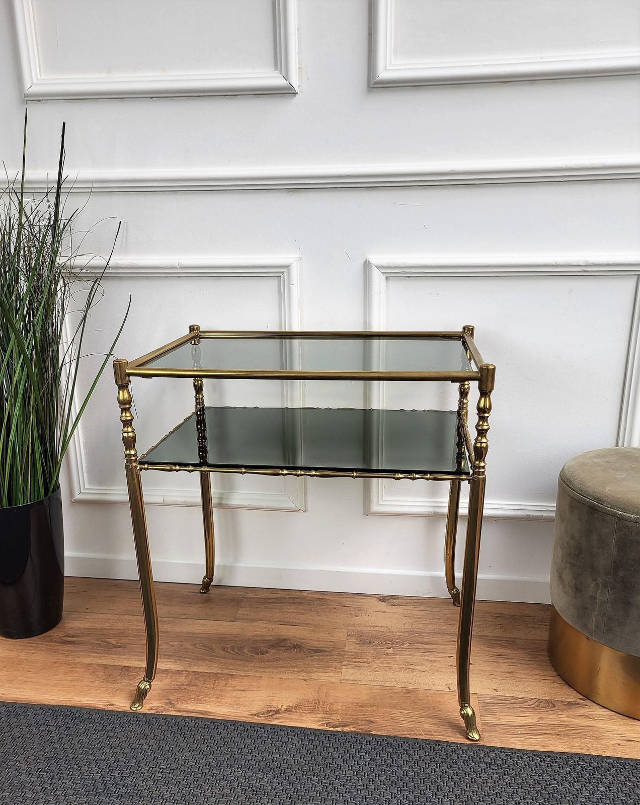 1980s Hollywood Regency Mid Century Modern Brass And Smoked Glass Console Table photo for sale