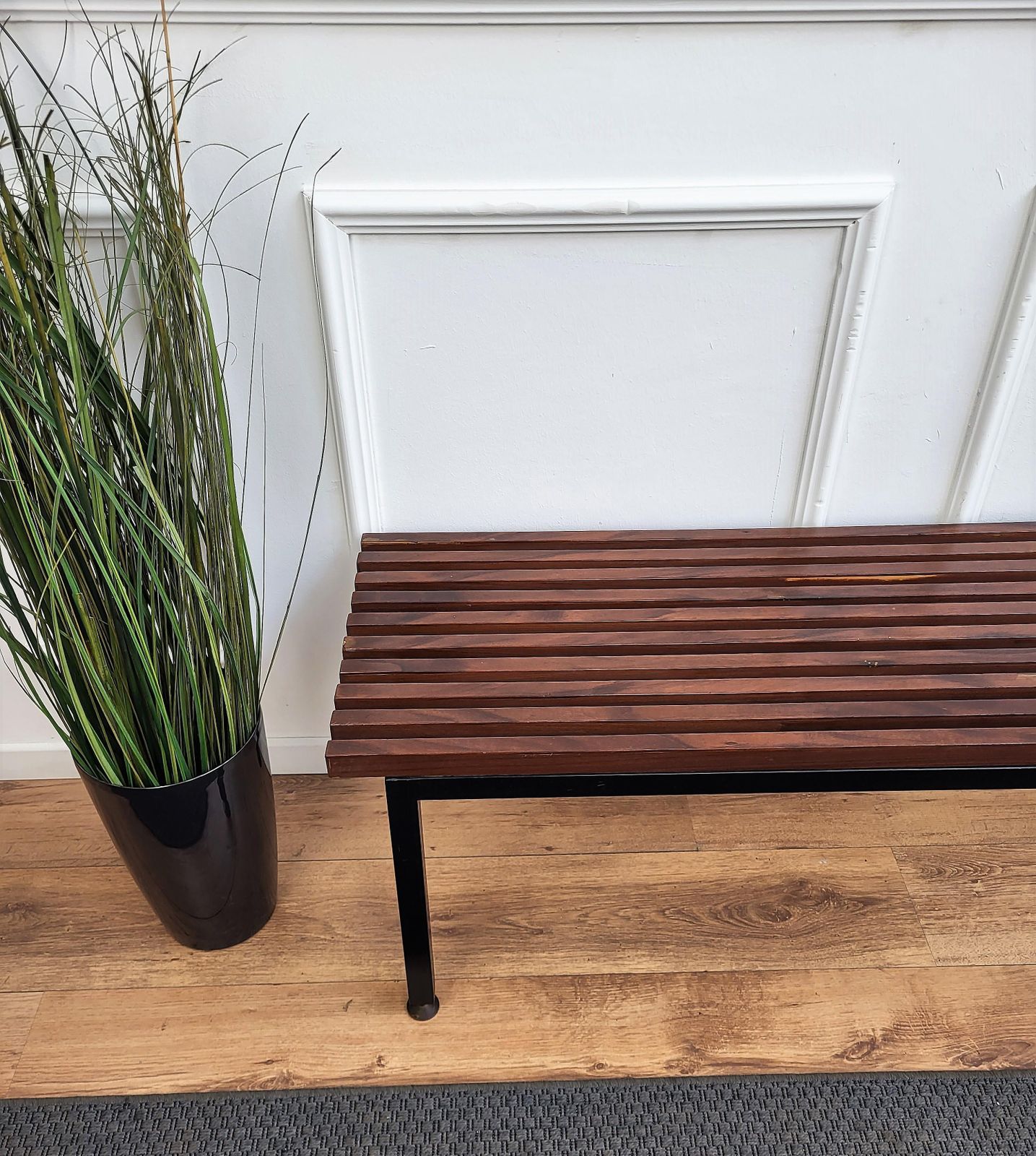 Mid Century Modern Italian Metal Base Brass Feet Wooden Slat Bench photo 1232.0