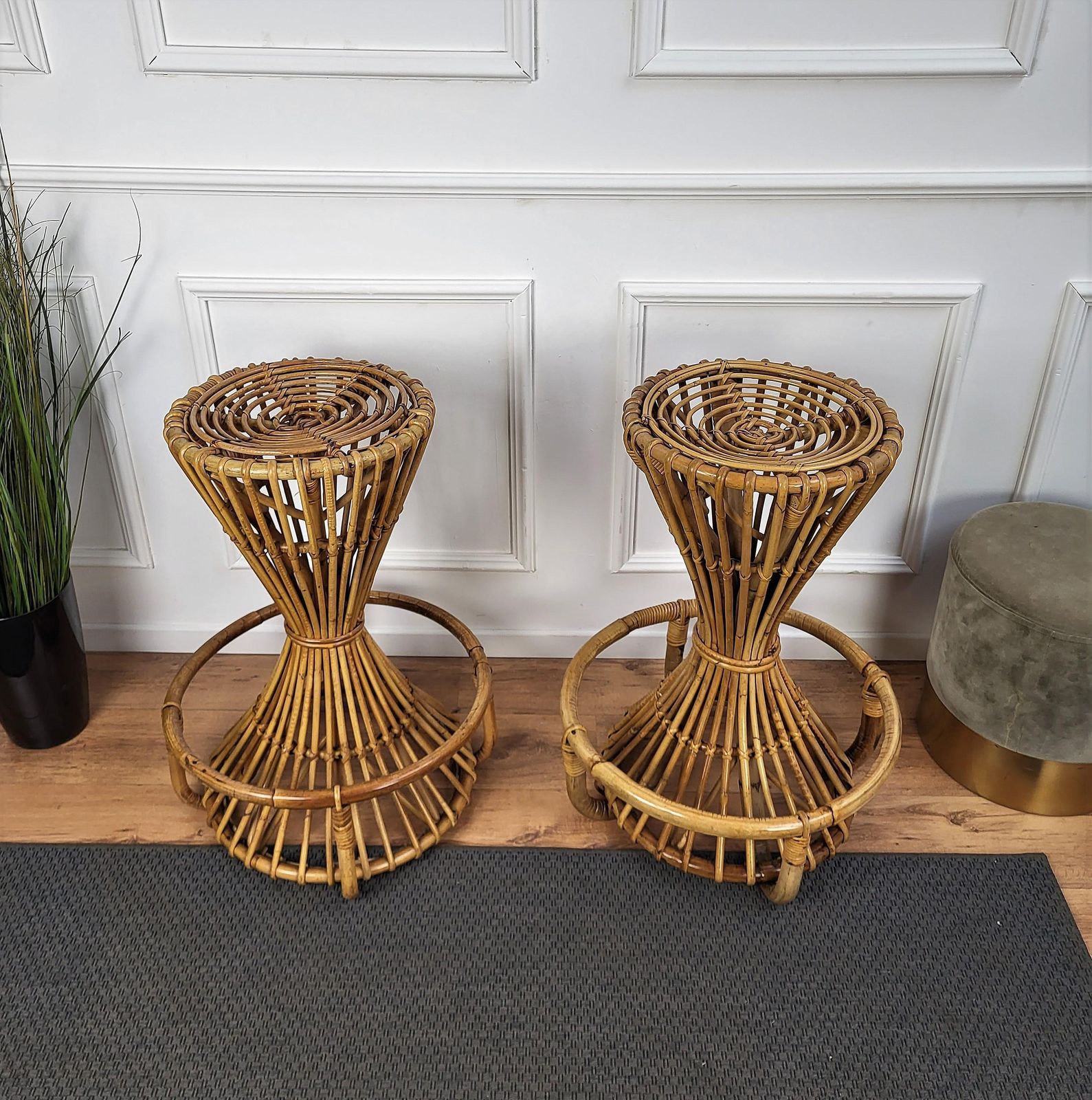 Pair Of 1960s Italian Bamboo Bohemian French Riviera Round Bar Stools Chairs photo furniture