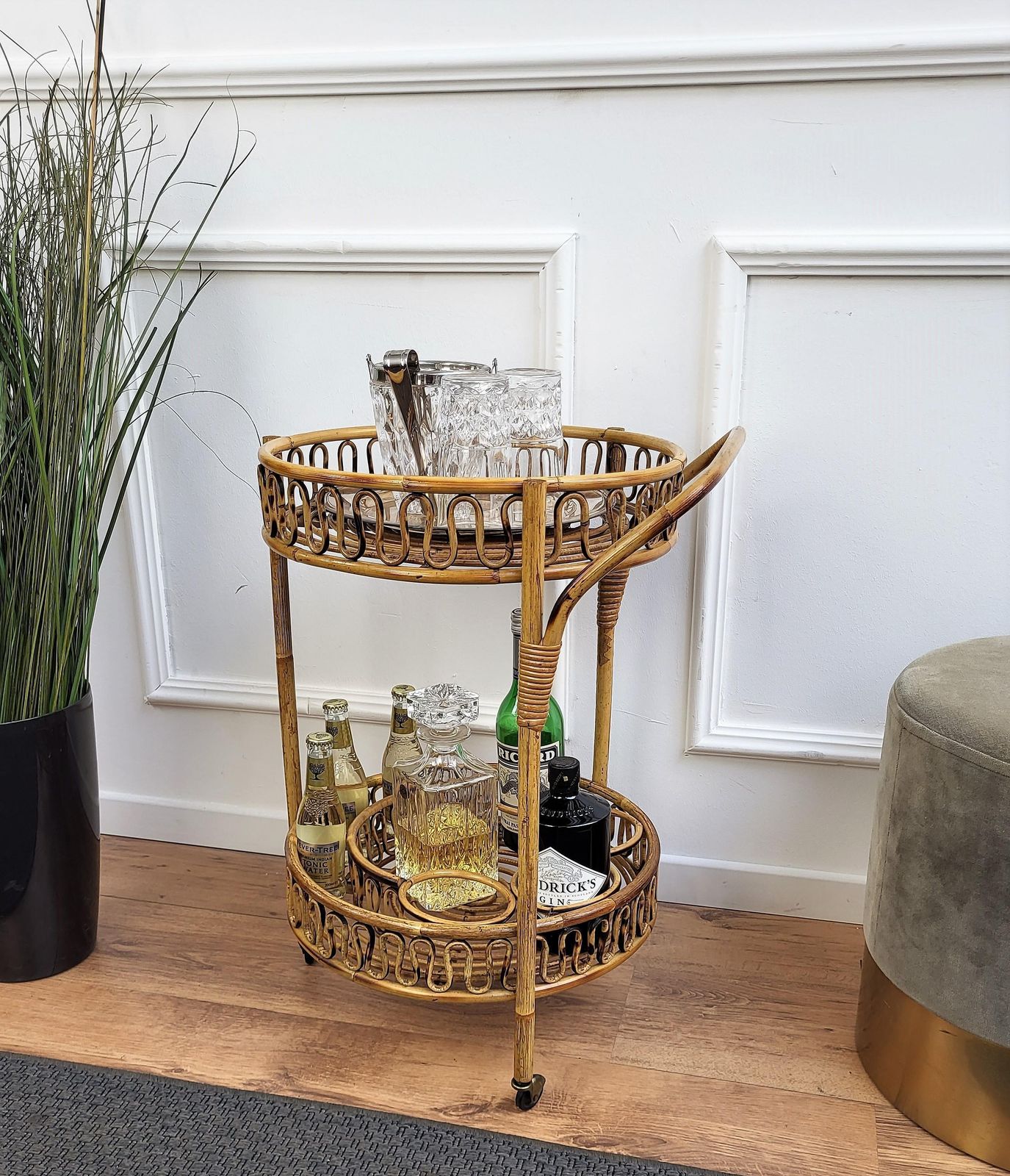 1960s Italian Bamboo Rattan Bohemian French Riviera Round Serving Bar Cart photo furniture