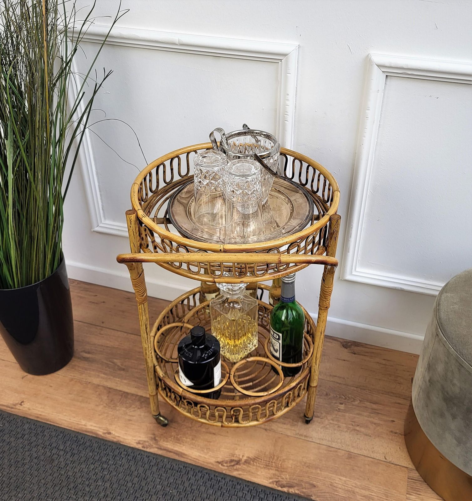 1960s Italian Bamboo Rattan Bohemian French Riviera Round Serving Bar Cart photo Furniture
