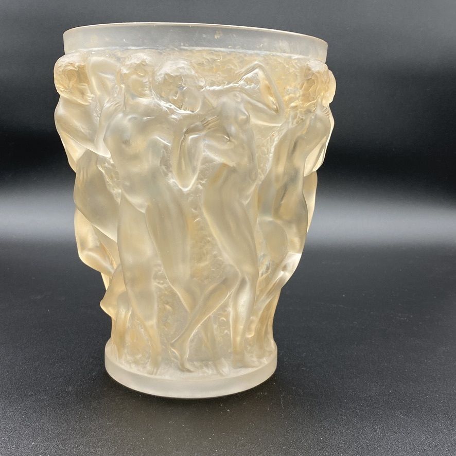 photo for sale A Rene Lalique Bacchantes Vase In White And Sienna Patinated Glass.