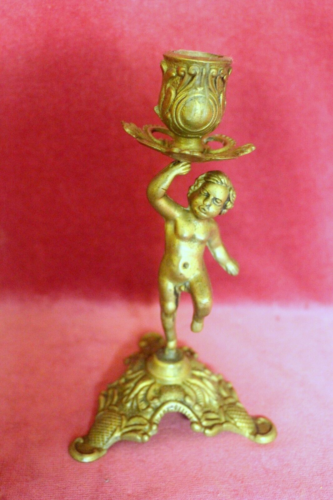 Heavy French Vintage Embossed Brass Desk Table Cherub Candle Holder