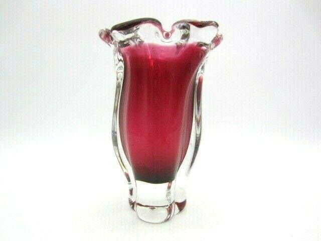 Attractive Hand Blown Chribska Sommerso Style Pink Art Glass Tulip Bud Vase photo furniture
