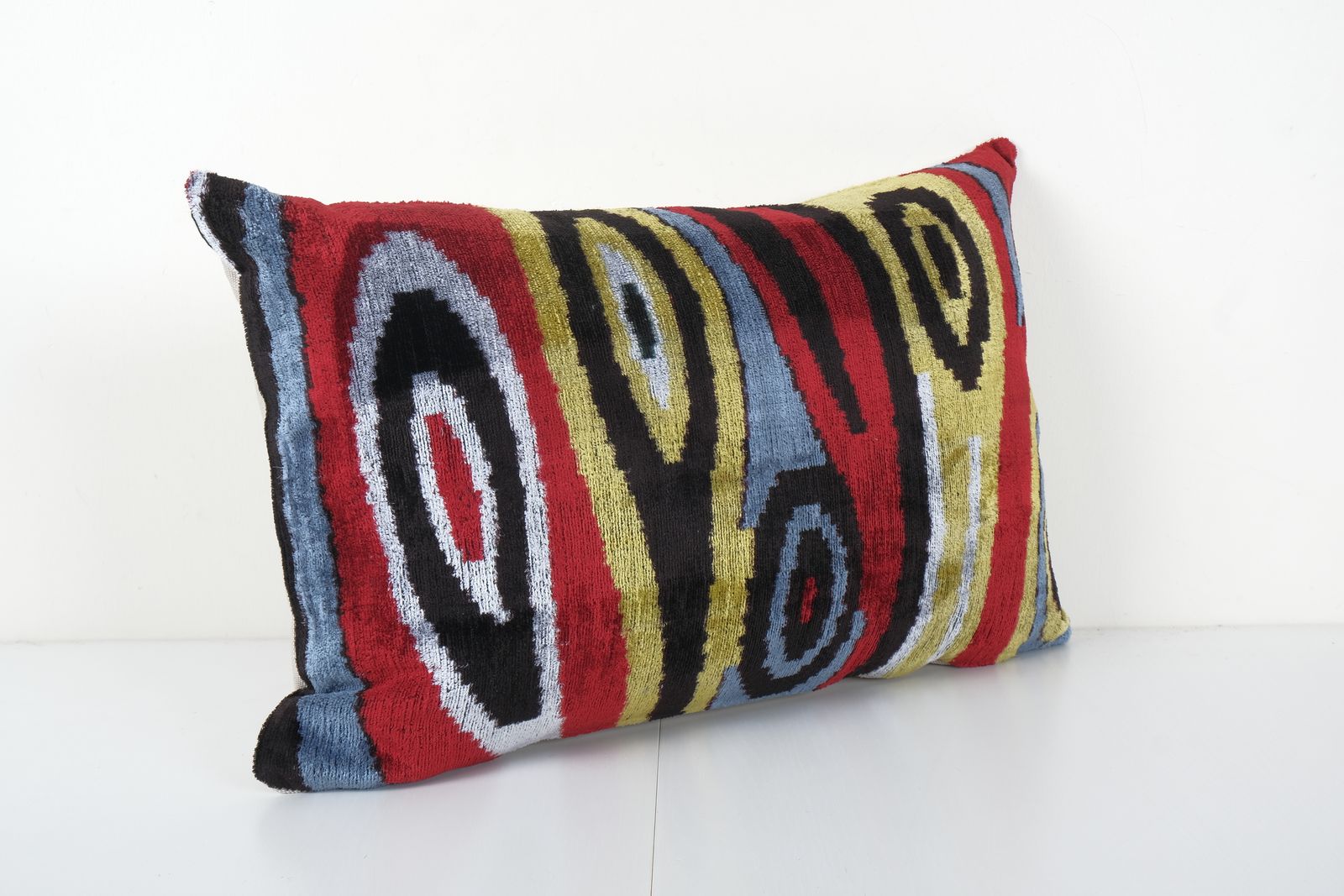Ikat Colorful Pillow Cover   Handloom Silk Pastel Velvet Lumbar Pillow Cover   Ethnic Decorative Pillow   Velvet Ikat Pillow 16'' X 24'' photo Textiles