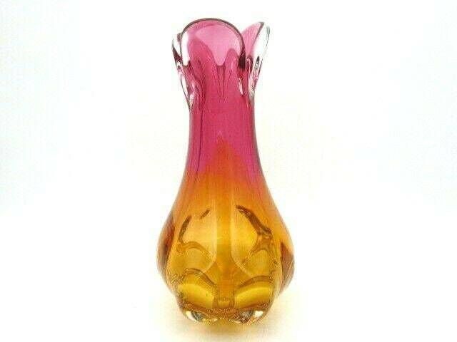 Beautiful Chribska Flower Mouth Pink And Orange Sommerso Art Glass Vase photo furniture
