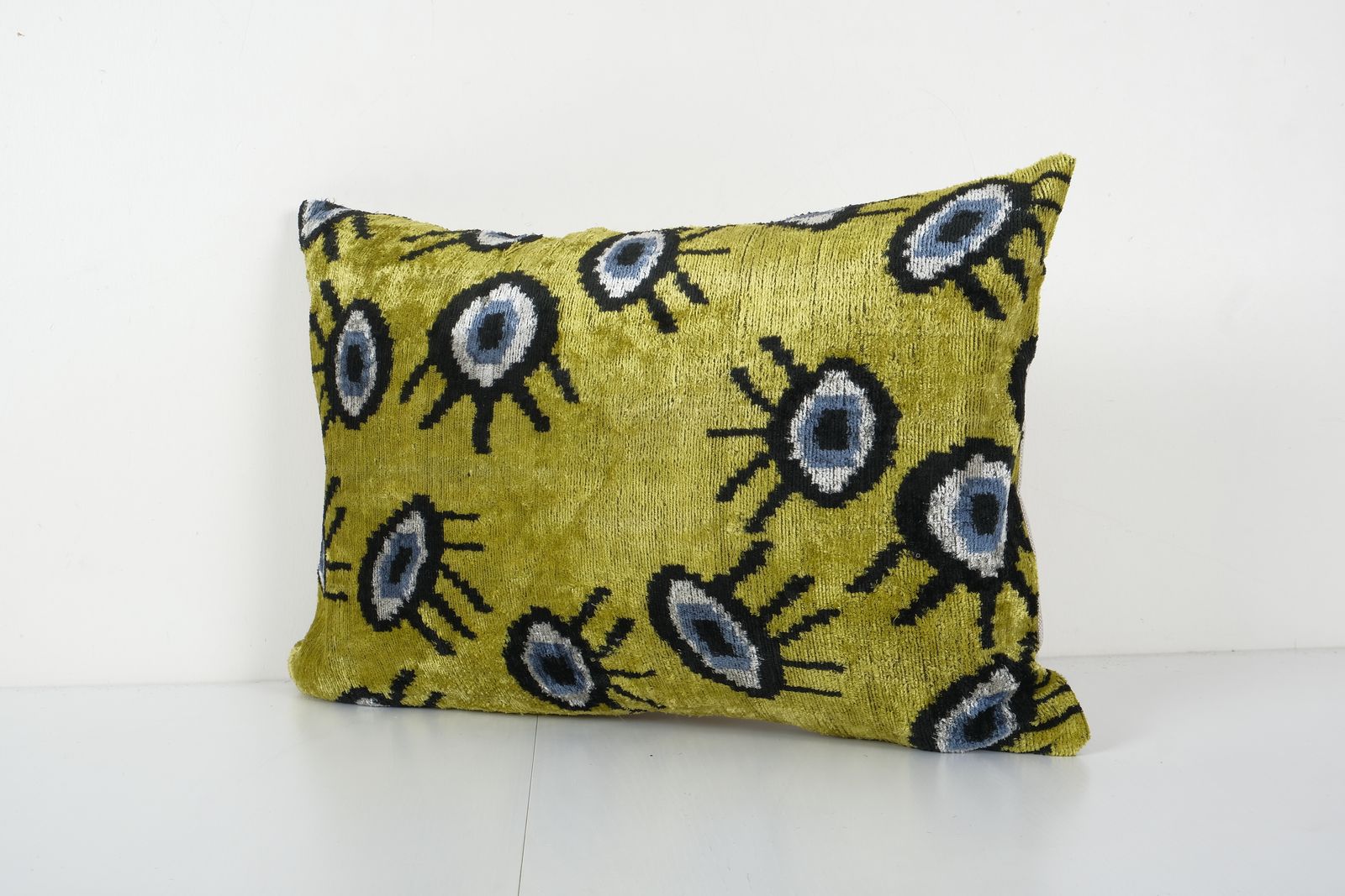 Ikat Eye Yelllow Pillow Pillow Cover   Silk Ethnic Velvet Lumbar Pillow Cover   Ethnic Decorative Pillow 16'' X 23'' photo Textiles