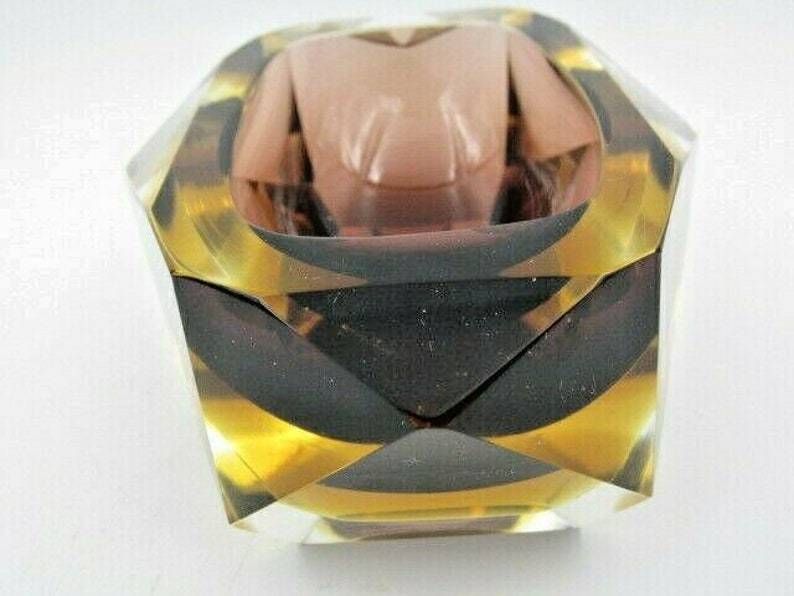 Murano Brown And Amber Sommerso Art Glass Geometric Faceted Block Cut Bowl C60s photo vintage