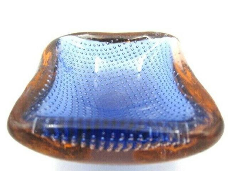 Galliano Ferro Murano Sommerso Blue And Amber Art Glass Bullicante Bowl 60s Rare