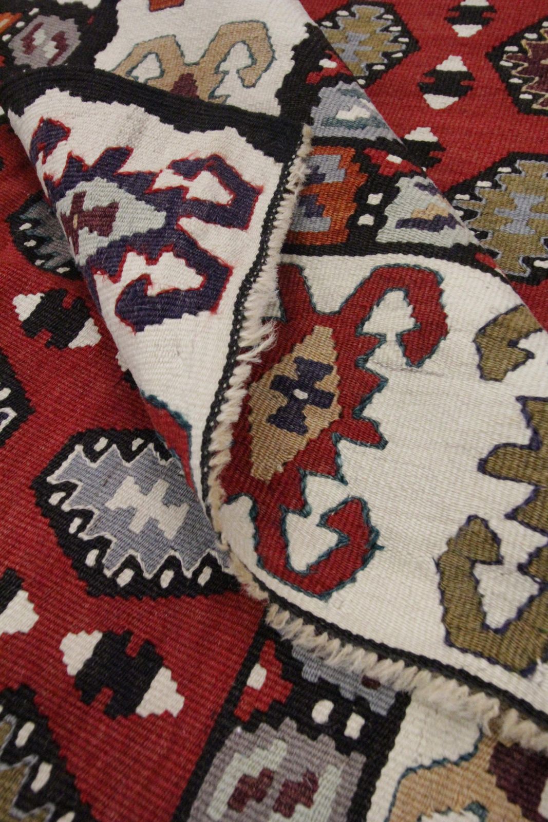 Handwoven Rug Oriental Kilim Geometric Red Wool Flat Woven Rug photo vintage