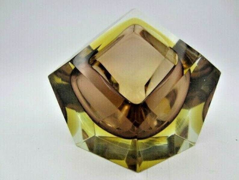 Flavio Poli Brown Amber Sommerso Diamond Faceted Murano Glass Bowl photo furniture