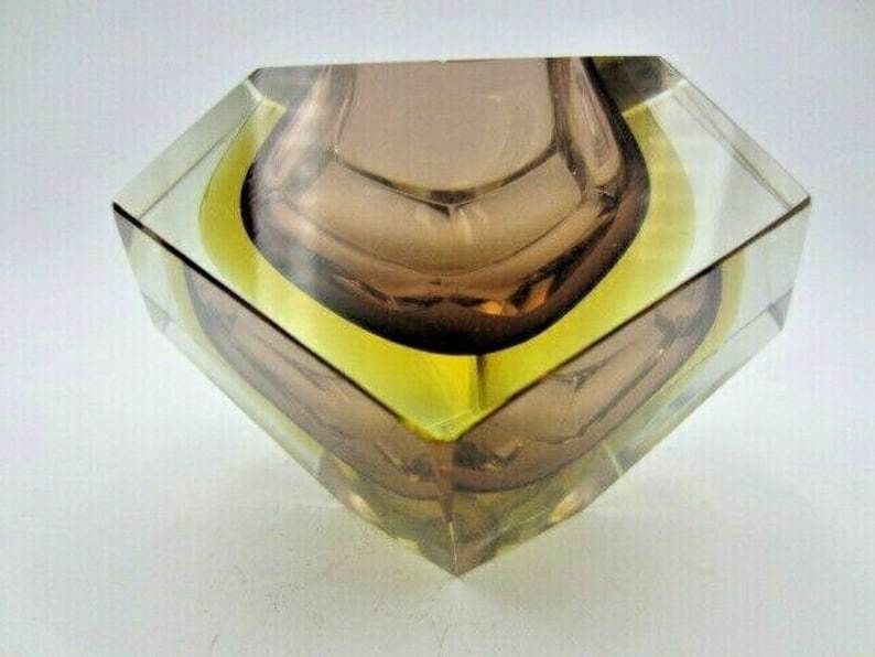 Flavio Poli Brown Amber Sommerso Diamond Faceted Murano Glass Bowl photo 141.0
