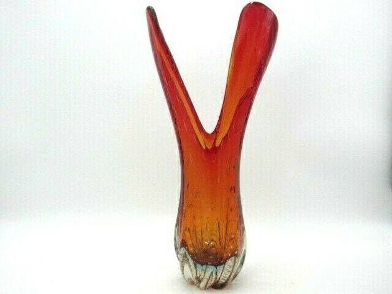 Murano 41cm Tall Red Amberina Venus Fly Trap Sommerso Art Glass Vase C1950s
