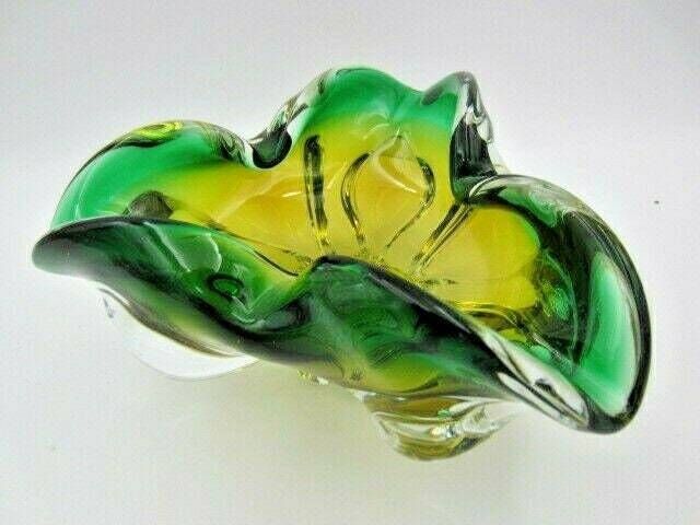 Sommerso Chribska Green And Orange Freeform Art Glass Bowl Dish photo for sale