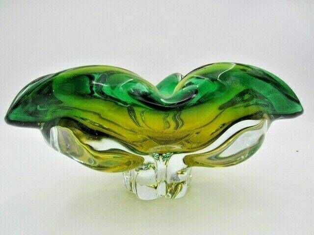 Sommerso Chribska Green And Orange Freeform Art Glass Bowl Dish photo 80.0