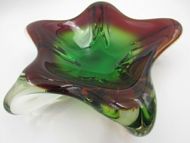 Star Shape Sommerso Art Glass Bowl Red Green In Thick Heavy Glass photo Home Decor