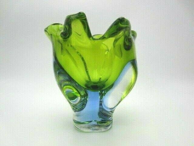 Beautiful Chribska Sommerso Style Green And Blue Art Glass Tulip Vase photo 85.0