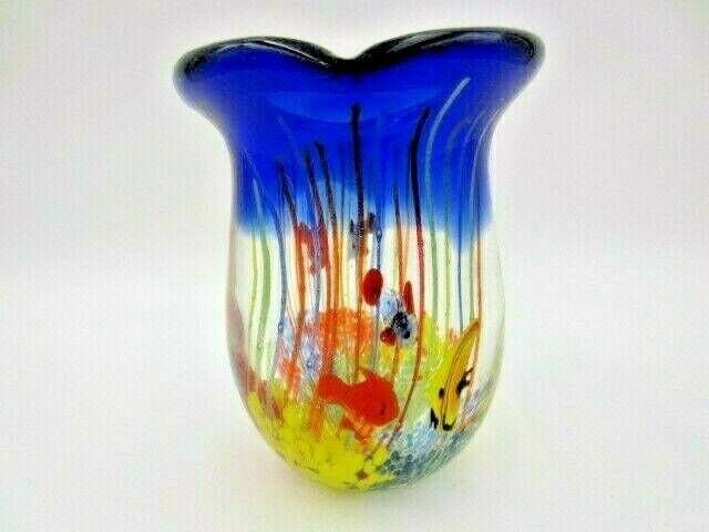 Fish Tank Aquarium Barbini Glass Vase, Cobalt Blue, Fish, Bubbles Reeds C1960s