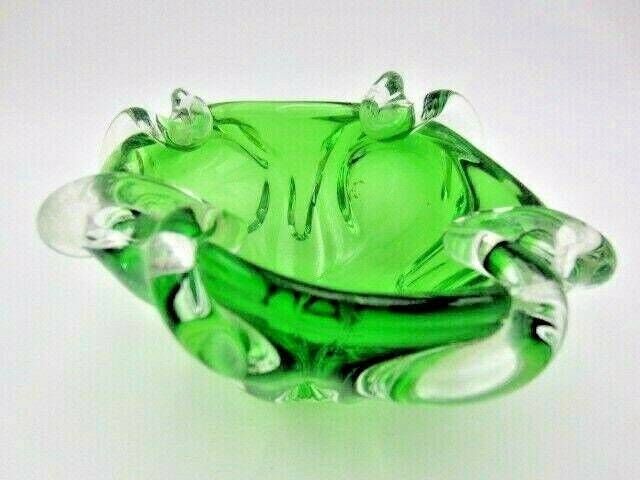 Green Murano Art Glass Bowl Sommerso Sculptural Unusual Ribbed Body 1960s