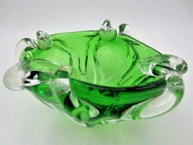 photo furniture Green Murano Art Glass Bowl Sommerso Sculptural Unusual Ribbed Body 1960s