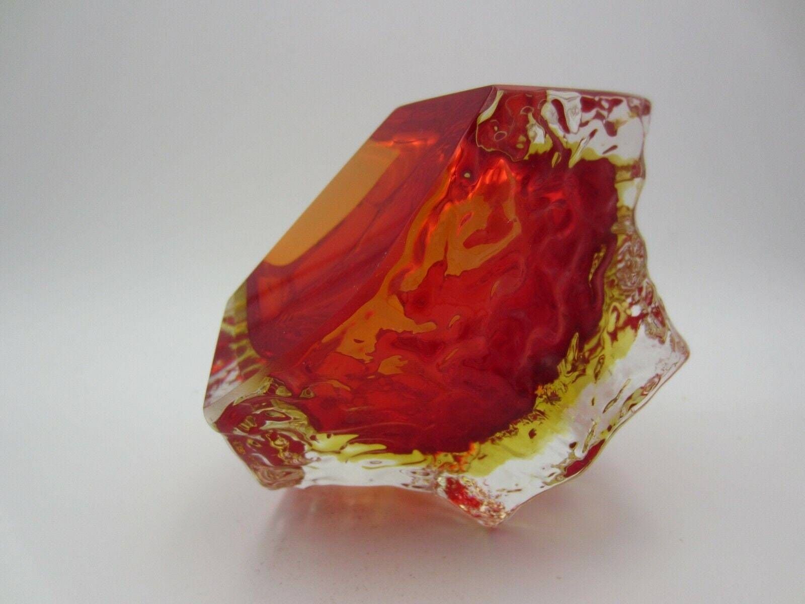 Murano Art Glass Sommerso Mandruzzato Faceted Red And Amber Ice Glass Bowl photo buy