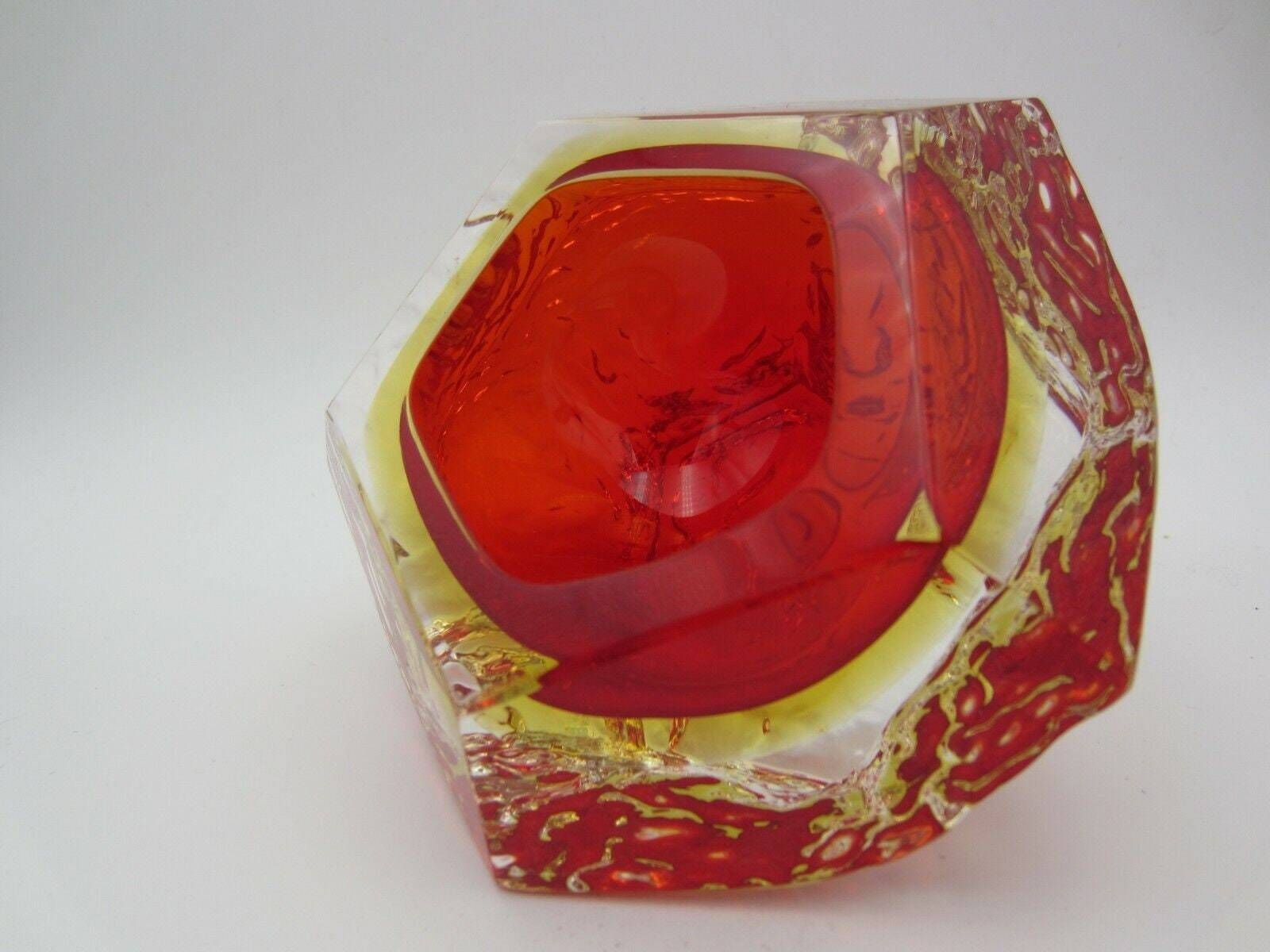 photo furniture Murano Art Glass Sommerso Mandruzzato Faceted Red And Amber Ice Glass Bowl