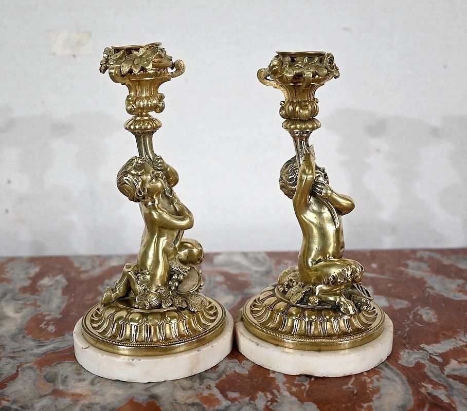 Pair Of Candlesticks In Gilt Bronze, Napoleon III Period, Mid 19th Century photo vinterior