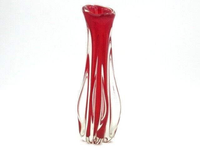 Mcm Italian Murano Bright Red Art Glass Pulled Rib Sommerso Vase C1960s photo for sale