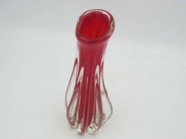 Mcm Italian Murano Bright Red Art Glass Pulled Rib Sommerso Vase C1960s photo Home Decor