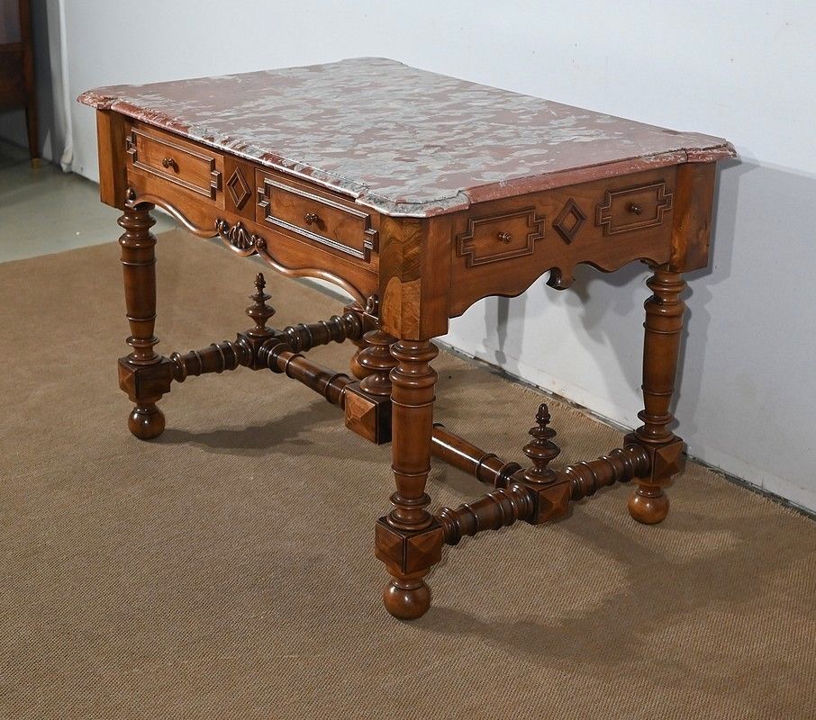 Game Table In Solid Walnut And Incarnat Turquin Marble, Louis XIII Style, Early 20th Century photo furniture