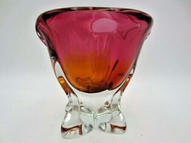 Hand Crafted Chribska Art Glass Vase Pink And Amber Czech photo vinterior