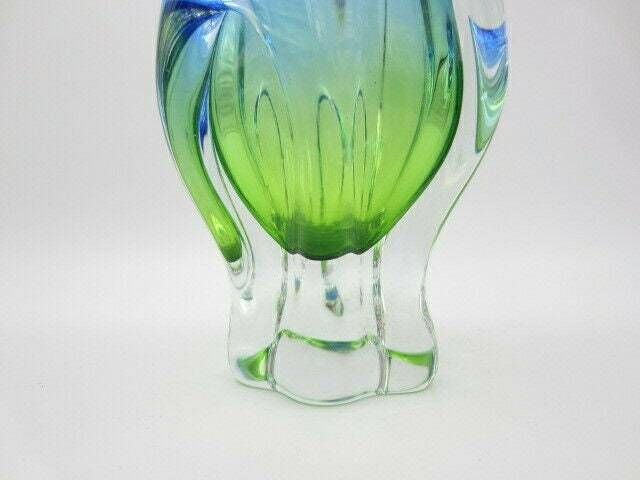 Beautiful Chribska Acid Green And Blue Sommerso Art Glass Tulip Vase photo vintage