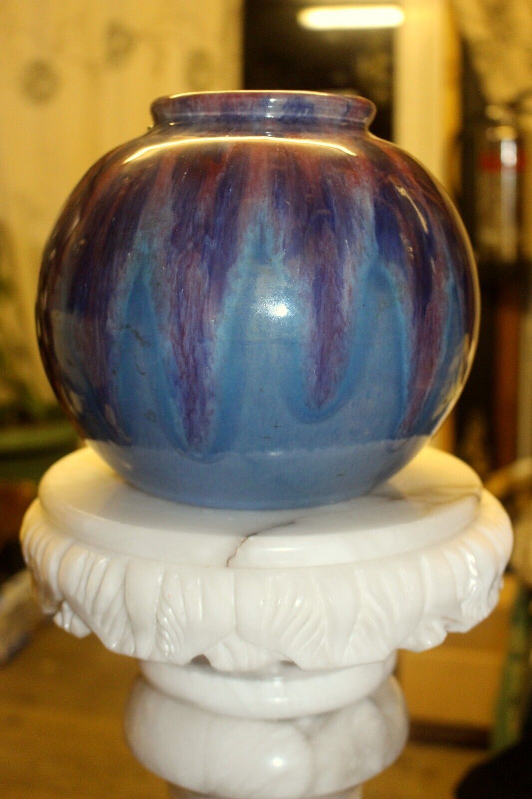 French Pottery Ceramic Heavy Bulbous Vase Glazed In Blue Colorful From 1940