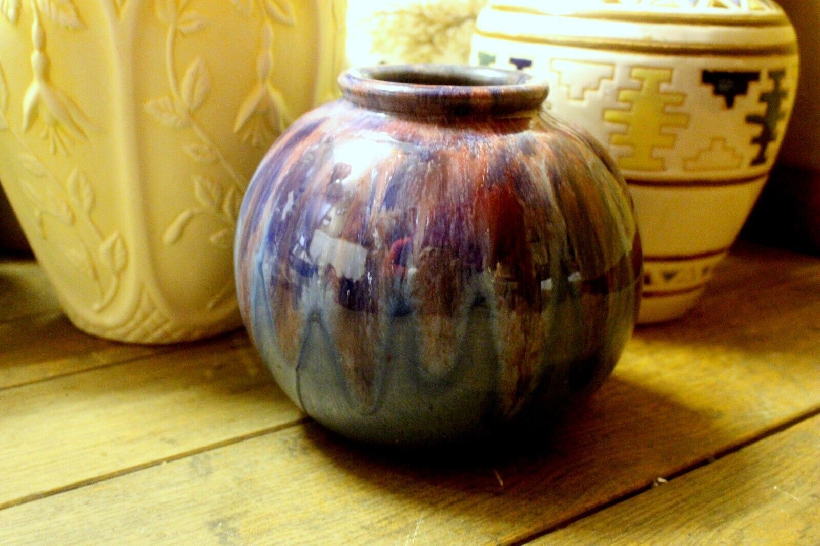 photo furniture French Pottery Ceramic Heavy Bulbous Vase Glazed In Blue Colorful From 1940