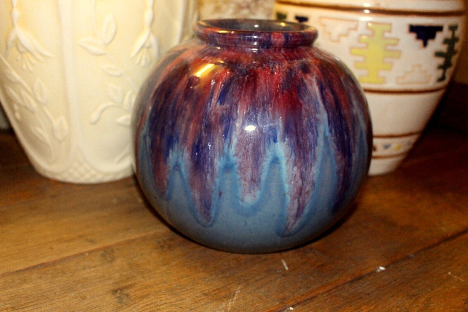 photo for sale French Pottery Ceramic Heavy Bulbous Vase Glazed In Blue Colorful From 1940
