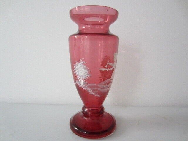 Mary Gregory Enamel Painted Cranberry Urn Shaped Art Glass Vase. photo furniture