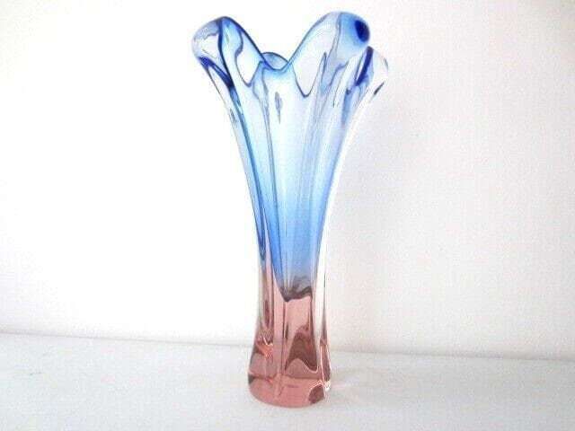 Large Vase Blue And Pink Vintage Retro Glass Skrdlovice Beranek Czech