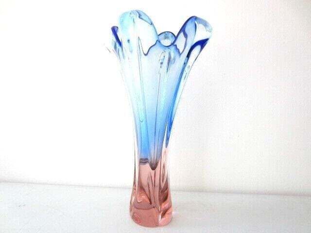 Large Vase Blue And Pink Vintage Retro Glass Skrdlovice Beranek Czech photo for sale