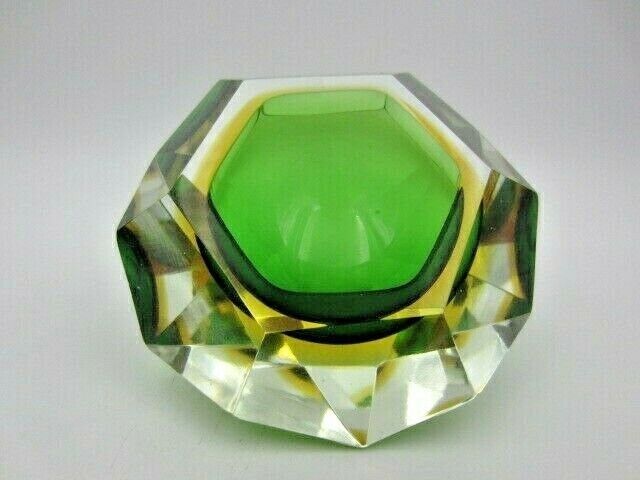 Murano Sommerso Green Amber Poli Seguso Facet Cut Art Glass Bowl photo furniture