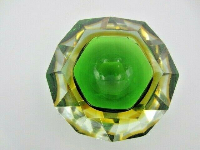 Murano Sommerso Green Amber Poli Seguso Facet Cut Art Glass Bowl photo vinterior