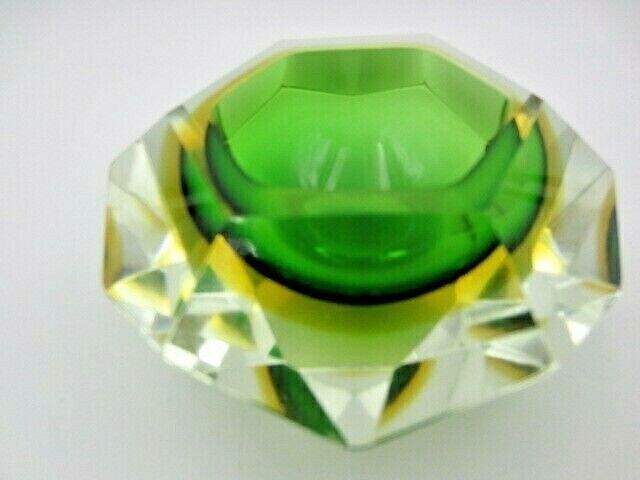 Murano Sommerso Green Amber Poli Seguso Facet Cut Art Glass Bowl photo buy